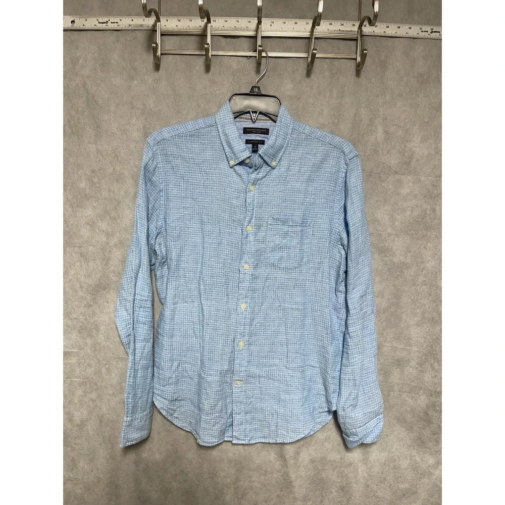 Banana Republic‎ Shirt Men M Blue Check Linen Button Up Camden Hopsack Academia